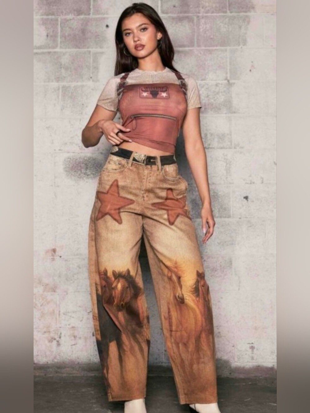 VBRT Brown Graphic Horse Print Barrel Wide Leg Jeans with Star